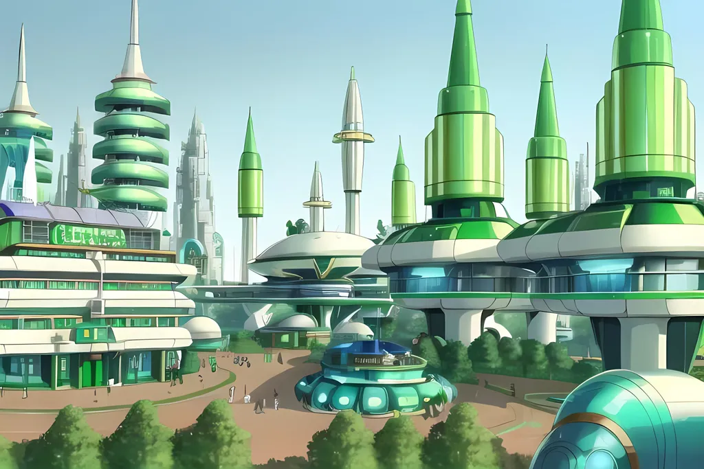 Prompt: White Skies, Retro Futuristic Utopia Emerald City Architecture, Lush, Lavish, 1950's Inspired, Nobody in Background, Hanna Barbara Aesthetic, Forest Village Market Town Background, Toyland Inspired, Green Olive Aesthetic, Retro Futuristic, Joyful, Heartwarming, Wholesome 