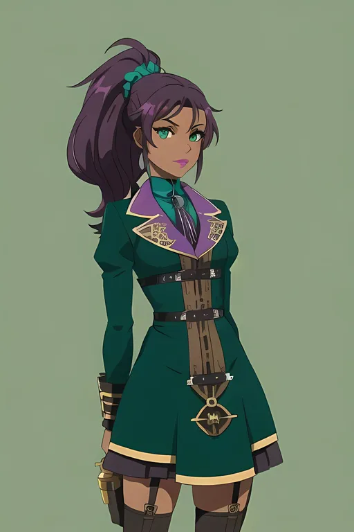 Prompt: Same Composition, Same Hairstyle, Lovely Looking, Purple Hair, Light Brown Skin Amandla Stenberg Inspired, with Obsidian Dark Purple Very High Straight Ponytail, Scrunchie, Full Lips, Steampunk, Slim, Magical Steampunk Victorian, Cute Face, With Light Brown Skin, Green Eyes, Cute Face, Heroic Look, Obsidian and Dark Teal Victorian Dress, Double Stockings, Same Composition, Teal Dress and White Accents on Outfit and Wearing a Dark Teal Dress Shirt and Puffy Skirt. Ballet Inspired, Fairy inspired, Beautiful Face, Highly Detailed, Clear Face and Body, Ribbons, Colorful, Smiling, Sweet face, Cute Eyes, Dark Skinned Legs, Gears, Made By Squirt_rash_24.