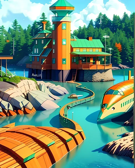 Prompt: Museum, Perfect Background Composition Only, Oceanpunk Seapunk, Modern Style, Fantasy Coastal Region Only, Coastal Town Aesthetic, Log Buildings, York Maine Inspired, Orange and Green Aesthetic, Some Greenery, Wholesome, 3D Style, Water, Observatory, Orange and Green Shades,  (Humilau City Inspired)