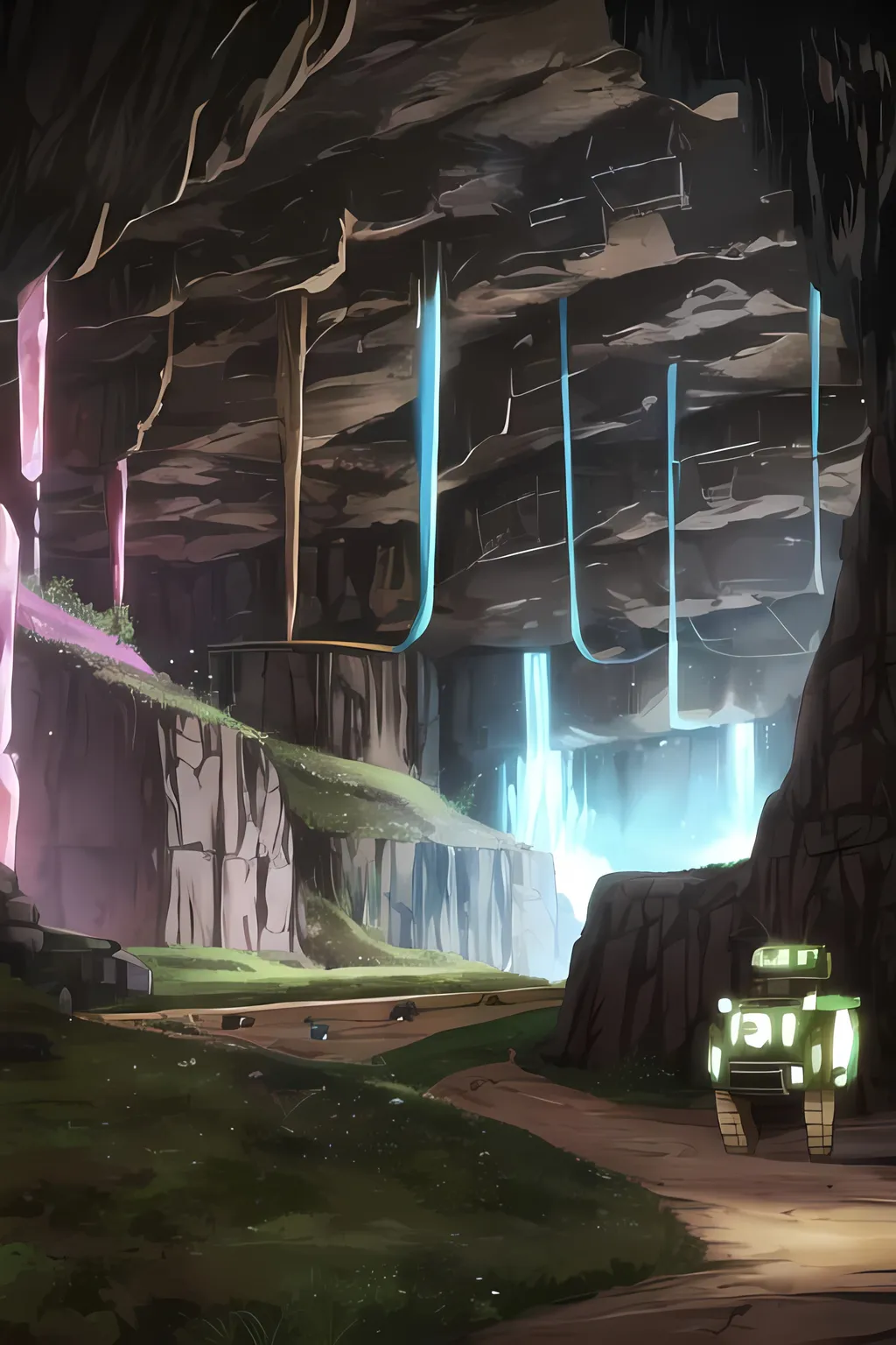 Prompt: Outdoors, Nobody in Background, Colorful Mineshaft Cave, Mining Factory Conservation Facility Background, Same Composition, Same Outfit, Fantasy Cave, Dieselpunk Retro Futuristic, Brown Rocky Cave Background, Outside of the Cave, Gems