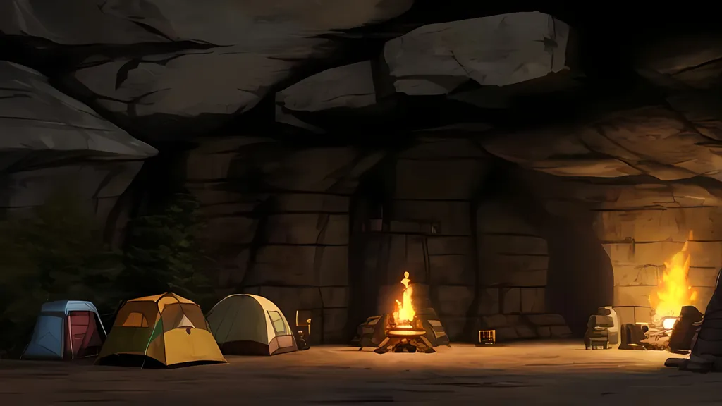 Prompt: Steampunk Rocky Cave, steampunk campsite, camping houses, campfire, bonfire, shades of orange green and brown