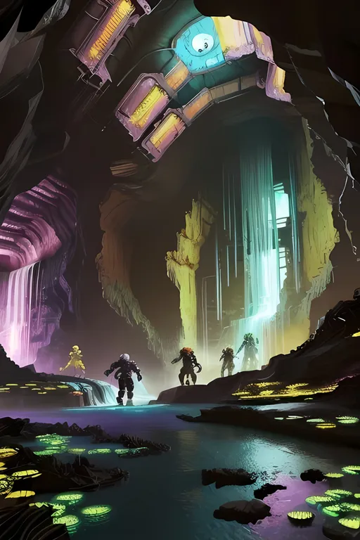 Prompt: Nobody In Background, Futuristic, Colorful Mineshaft Cave, Ivory and Yellow Shades, Waterfall, Mining Factory Conservation Facility Background, Same Composition, Gears, Construction, Cyberpunk Fantasy Mine, Jade and Brown Aesthetic, Cyberpunk Retro Futuristic, Brown Rocky Cave Background, Inside of the Cave, Gems, Made By Squirt_rash_24. 