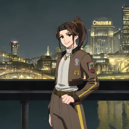 Prompt: (((SFW Image Only))), Same Outfit, (((Same Composition, Perfect Composition))), More Cartoon Looking, Wholesome Looking, Gold Aesthetic, 2D Style, Minimaliatic, Modern Looking, Dieselpunk, (((Perfect Background Composition With Trestles))), Cityscape, Safe, Nightime, Lovely Looking Animation Style, (((Same Hairstyle, Perfect Hair Composition))), Joyful, Milder Looking, Standing Up Straight, Posing, Lovely Looking, Cute, Perfect City Composition, Pittsburgh Inspired City Background, More Fantasy Looking, Insane Architectural Aesthetic, Perfect Hair Composition, Lavish, Portrait, (((Solo Only))), 1Woman, 1Adult, One Woman In Picture, Gaiter, Very Feminine Looking, Ladylike, More Manager and Mechanic Looking, Slim, Relaxed, Well Maintained Physique, (((Cute Smile))), Friendlier Looking, Alternative Looking, Lusher Face, 26 Year Old, (((Medium Ponytail With Parted Bangs))), Two Hands and Two Arms, She Should Have Four Fingers and a Thumb, (((She Should Look a Lot Like Grace Martine Tandon (Daya), Caucasian, Dark Brown Haired Only, Dark Brown Eyes, Full Lips, Detailed Face))), Edwardian, More Metallic Looking, Golden Age Period Inspired, Industrialists, Dieselpunk Pittsburgh Inspired, Cute Aesthetic, Yellow and Black Steelers Aesthetic, Steel Aesthetic, Gray Headband, Aesthetically Pleasing, Bomber Jacket, Perfect Hands, Correct Hands, Medium Waist, Trousers, Thighs Should Be Covered, Legs Should Be Covered, Gaiter, Necklace, Perfect Hands, Lights, John Atkinson Grimshaw Oil Painting Aesthetic