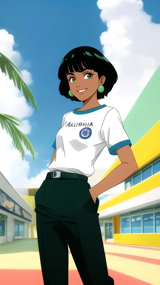 Prompt: (((SFW Image Only))), Safe, Milder Looking, Same Hairstyle, Modern Looking, (((SFW Body))), Same Composition, Same Background, Perfect Composition, Perfect Background Composition, Same Outfit, Modern Animation Style Only, Looking At Viewer, Same Earings, More Bubbly Looking Animation Style, Very Wholesome Looking, More Cartoon Looking, She Needs To Look Like The Output Image, Lush, Lavish, Lovely Looking Animation Style, Ben 10 Inspired Animation Style, More Fantasy Looking, Oceanpunk Seapunk, Retro Futuristic, Portrait, Solo Only, 1Woman, One Fully Clothed Lovely Looking Woman In Picture, Grown Woman Only, Phillipine Woman, Interesting, (((She Should Look a Lot Like Chelsea Clark, Emblem On Chest, Cuter Face, Wholesome Looking, Smiling, Full Lips, Detailed Face, Philippines Descent, 26 Year Old, Darker Tan Skin Profile))), Philippines Looking Appearance, 1980's Aesthetic, 1980's Hairstyle, (((Despicable Me's Paradise Mall Inspired Background, She Should Be Wearing Safe For Work Clothing Next To The Mall))), Maze Labyrinth Mall,  Retro Clothes, Bowtie On Hair, Long Wavy Jet Black Hair Color Only, Green Eyes, Sturdier, Stockier, Long Sleeved Top Only, Realistic, Slighter Frame, Thicker, Small Waist, SFW Outfit, Armbands, Madras Inspired Pants, Baggier Clothing, Legs Showing, An Old Mall With a Retro Futuristic Aesthetic, Canadian, Regular Fitted Top Only, Azure Crewneck Top, Fantasy Outfit, Regular Pants Only,  Aesthetically Pleasing, Tropical Background Only, Palm Trees, Perfect Palm Tree Conposition, Wholesome Looking Only, Sandy Beaches, Mall Scenery Only, Ledge, Wall, Insane Retro Futuristic Aesthetic, Heartwarming, Phoebe Trainer Inspired, Azure Striped Outfit Only, T Shirt Undershirt, John Atkinson Grimshaw Oil Painting Aesthetic