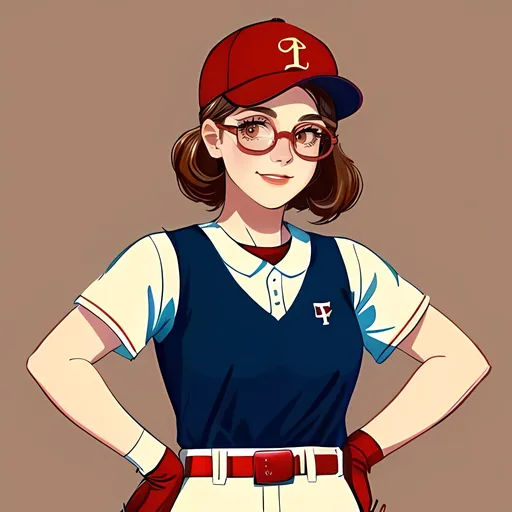 Prompt: Same Aesthetic, Same Hairstyle, SFW, Libra Scales Logo Aesthetic, Full Body, Standing Straight Up, Peaches Aesthetic, One Young Woman in Picture, Light Red Aesthetic, Wearing Circular Retro Edwardian Glasses, Edwardian Aesthetic, Libra Scales On Outfit, Medium Hairstyle, Heartwarming, Stunning, Same Composition, Alexandra Daddario as an Old School Baseball Player, On The Rockford Peaches Woman's Baseball Team, Full Lips, Detailed Face, Lovely Looking, She Has Thick Arms Representing The Power and Accuracy Of A Baseball Player, Thick Deltoids, Small Chest, Quirky, Cute, Wearing a Rockford Peaches Baseball Dress With Belt, Smiling With Teeth Showing, Wearing Brown Gloves, Holding a Brown Baseball Glove, Wearing a Dark Red Baseball Cap With Libra Scales Logo On Cap, Red and Cream Aesthetic, Baseball Aesthetic, Recreation, Brown Hair Only, Perfect Composition, Interesting, Iconic Looking, Retro Looking, A League Of Their Own Baseball Movie Inspired, When We First Met Movie Inspired, Made By Squirt_rash_24.