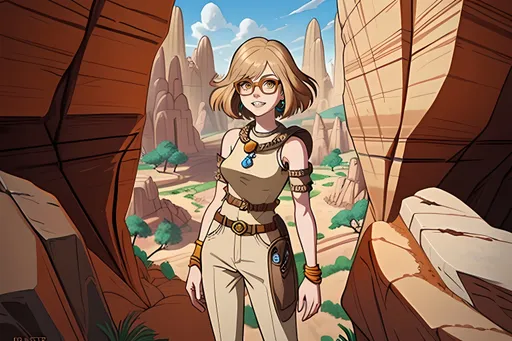 Prompt: (((SFW Image Only))), (((Same Hair Color))) (((Rust Beige Hair Only))), (((Same Animation Style))) (((More Fantasy Looking))), Safe Only, Same Composition, Perfect Composition, Prehistoric, Stonepunk, Safe, Milder Looking, Same Hairstyle, Light Blue and Brown Aesthetic, Solo, Portrait, 1Woman, Posing, One Fully Clothed Woman In Picture,  Dots On Outfit, She Needs To Look Like The Output Image, Intelligent Looking, Alternative Looking, Cuter Face, Wholesome Looking Face Only, Friendlier Looking, Very Feminine Looking, Ladylike, Heroic, Futuristic Outfit Only, Rust Beige Messier Hair Only, Sharper Features Only, Vivid Ivory Eyes, Hipster Wide Framed Glasses, Perfect Glasses Composition Only, Cute Eyes, Cute Wholesome Smile, Emma Stone Inspired, Caucasian, 20 Year Old, Futuristic Cavewoman, Bones On Outfit, (((Prehistoric Aesthetic))), Primal Aesthetic, Same Aesthetic, Jagged Teeth On Pants, Cave Lady, Oatmeal Color Aesthetic, Cavewoman Patterned Outfit, Rock Earings, Boulders, Stone On Shoulders, Stone Buildings, Arid Land, Beige and Yellow Aesthetic, Same Hairstyle,  BC Inspired, Cavewoman Aesthetic, Capelet, Modern Cavewoman, Cavewoman Style Robes, Patch On Shoulder, Desert City, Stone Aesthetic, Rocky Aesthetic, Flintstones Inspired Bedrock City Background, Bedrock, Insane Futuristic Aesthetic, Artistic Lovely Looking Animation Style, Perfect Facial Composition, Same Skin Tone Only, Lentimas Town Inspired Background, Pueblo Inspired Architecture, Arid Land Fantasy Desert Village, Same Hairstyle, Hearts, Same Face, Lovely Looking, Colorful, Perfect Eye Composition, Looking At Viewer, Same Skin Tone, She Should Look Like The Output Image, The Croods Inspired, Eep Character Inspired, Grown Woman Only, White Woman, Older Face, Mature Face, Cute Smile, High Long Updo Hairstyle Only, Two Hands and Two Arms, Full Lips, Detailed Face, Cute, Yellow Blue Long Sleeved Modern Cavewoman Outfit, Stone Bracelet, Low Waist, Trousers, Primal Archer Queen Inspired, Posing, 1990's Looking