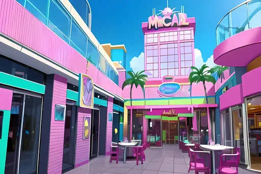 Prompt: Despicable Me 2 Inspired, Sharp Quality, Aesthetic Mall, Colorful, Lavish, Vivid, Paradise Mall From Despicable Me 2, Paradise Mall Aesthetic, Pink and Opal Shades, Glass Windows, Checkered Floor Aesthetic, Coconut Mall Mario Kart Aesthetic, Made By Squirt_rash_24.