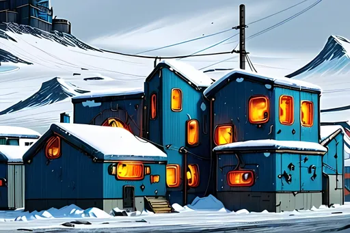 Prompt: Small Dieselpunk Arctic Town, Follows Prompt Exactly, Colorful Buildings, Futuristic Insane Neo-Futuristic Architecture, Teal and Yellow Buildings, Futuristic Dieselpunk Inuvik Northwest Territories Canada, Dieselpunk, Fantasy, Mountains, Polar Vortex, Made By Squirt_Rash_24.