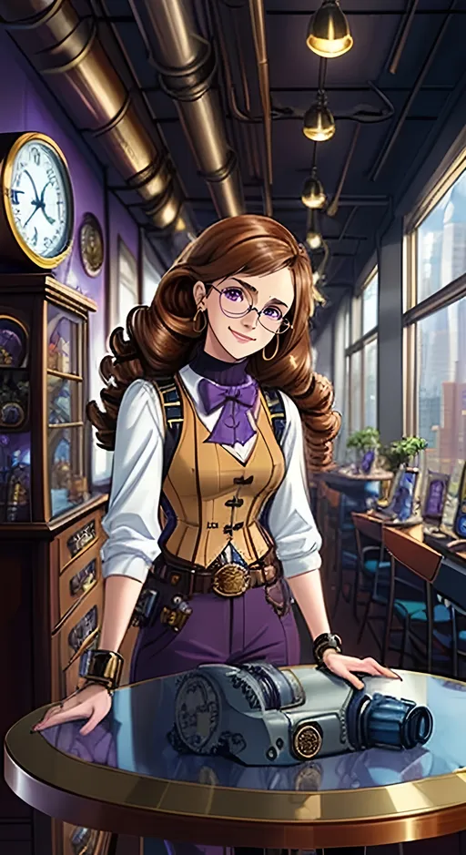 Prompt: SFW, ((SFW Image Only))), Same Composition, Perfect Composition, Toy Market, Steampunk Toys On Desk, (((Top Curls))), Brass Tinsels,  (((Mahogany Colored Very Curly Hair Only))), Older Face, Dark Brown Hair, Older Aesthetic, Safe, (((Safe For Work Body Only))), G Rated Art, Steampunk Aesthetic, 2D Style, Sketch, (((Cel Shaded))), Intricate, Very Minimalistic, Light Purple and Slate Aesthetic, Two Colored Exosuit Outfit, Toy Factory Background, Vest Coat, Regular Pose, Longer Curls Only, Very Curly Hairstyle, Futuristic and Classic Steampunk, (((Mr. Magorium's Wonder Emporium 2007 Movie Inspired))), Grown Woman Only, Portrait, 1Woman, 1Adult, One Fully Clothed Lovely Looking Woman In Picture, Fantasy Glasses, Intelligent Looking, (((Emma Watson Inspired, Caucasian, Alternative Looking, Mahogany Hair, Purple Eyes Only))),  Happier Aesthetic, Steampunk Inventor, Toyland Retroville Aesthetic, Toy Factory, Happier Looking, General Audience Content, (((Very Wholesome Looking Only))), Lively, Joyful, Colorful, Vivid, Jules Verne Inspired, (((Steampunk, Aesthetic Background, Solo Only))), Steampunk Knit Sweater, Perfect Hair Composition, Long Curls, Bow, Longer Hair, Smile On Her Lips, Teeth Showing In Smile Only, Wholesome Smile, Full Body, Lusher Face, Happy Face, Twenty Two, 22 Year Old, Lovely Looking Cute Animation Style, Adult Female Composition Only, Very Happy Looking, Relaxed Looking, Pretty,  Grateful Looking, Joyful Looking, Heartwarming, Smiling, British Looking, Very Happy Looking, Proper Face, Youthful, Retro Futuristic, Molly Mahoney Character Inspired, Tougher Looking, Cute Smile, Wearing An Exosuit Sweater, Slighter Frame, Some Gold On Outfit, Jules Verne  Inspired Outfit, Geared Outfit, Azure Clothing, Bow, Steampunk Wristbands, Turtleneck Undershirt, Medium Waist, Young Face, Lithe, Flatter Chest, Medium Waist, Low Waist, Correct Hands,  Curly Hairstyle Only, Cute Hairstyle, Interesting, Bangs, White Woman, Belt and Buckle, Looser Trousers, Old School Footwear,  Fantasy, Colorful