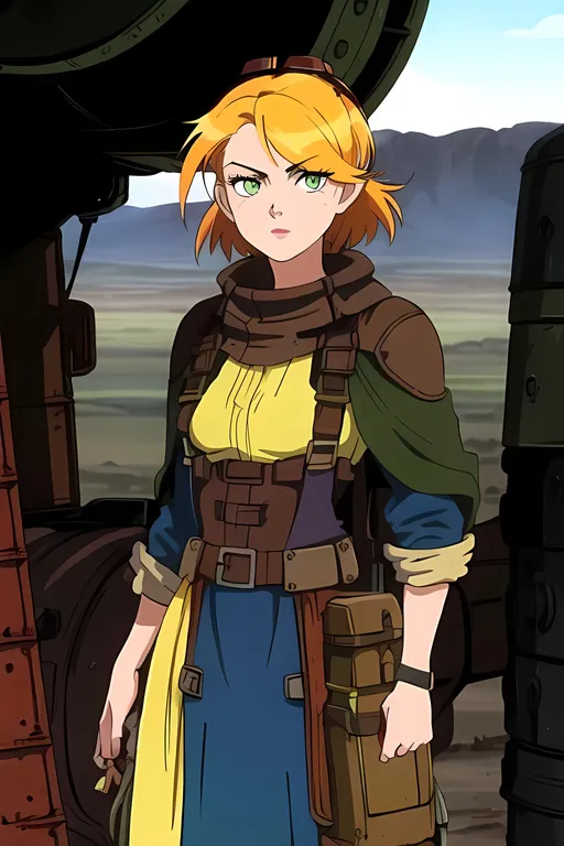 Prompt: Dieselpunk, The Wild Thornberry's Inspired, Cartoon, Grunge, Red Yellow and Blue Aesthetic, 1 Person In Picture, Adorable, Emma Stone Detailed Face Inspired, Full Lips, 1990's Looking, Rust Hair, Colorful, Safari, Young Woman with Rust and Green Colored Poncho, Arid Land Background, Nothing On Her Head, Mojave Desert Brown and Yellow Background, Sweet Looking, Cute Face, Made By Squirt_rash_24.