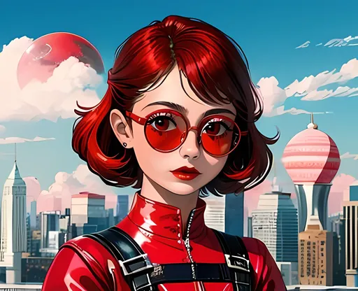 Prompt: SFW, Chrome Aesthetic, Portrait, One Young Woman In Picture, Groovier Looking, Circular Glasses, Heaven Inspired Airborn Cloud City Skyline, Anna Cathcart, Ruby Red Wispier Medium Hairstyle, More Southern Belle Looking, Full Lips, Detailed Face, Puffy Dress, She Should Look a Lot Like Anna Cathcart, Full Body, Regular Body, Longer Body, Perfect Composition, Same Composition, Red and Pink Aesthetic, Aeronaut, Rocketgirl, Jetpack On Back, Futuristic, Light Red Aesthetic City, Superhuman Aesthetic, Light Red Shades, Very Beautiful, Magestic, Aphrodite Inspired, Heart Hunter Archer Queen Inspired, Red Lipstick, Airpunk, Skypunk