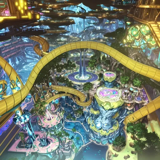 Prompt: Indoor Water Park Inspired Background, Nobody in Background, Futuristic Playful Seaworld Inspired Fantasy Water Kingdom, That Has a Retro Futuristic Aesthetic, Otherworldly Trees In Background, Gigantic Labyrinth Like Intricate Atlantis Inspired City Skyline, Roadways, Seapunk, Made By Squirt_rash_24.