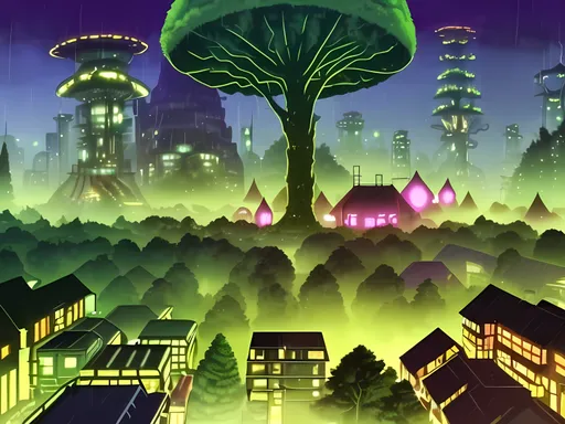 Prompt: Nobody In Background, Downpour, Unearthly Forestpunk Retro Futuristic Village Market Town Skyline Background, Village Skyline, Enormous Forest, Bright Tree Village Ewok City Inspired, Interesting Dr.Suess Style Trees, Massive Forest, Evergreen Trees, Mauve Aesthetic, Trees Should Be Mauve Colored, Fantasy Clock Tower In Background, Forestpunk Buildings, Rainy Weather, Red and Blue Shades, Forestpunk, 2D Style, Cute Animation Style, More Cartoon Looking, Interesting Amazing John Atkinson Grimshaw Inspired Oil Painting Aesthetic, Bokeh, Realistic, Warm Looking Aesthetic Hues, SFW Body, Vibrant, Same Composition, Perfect Composition, Made By Squirt_rash_24.   