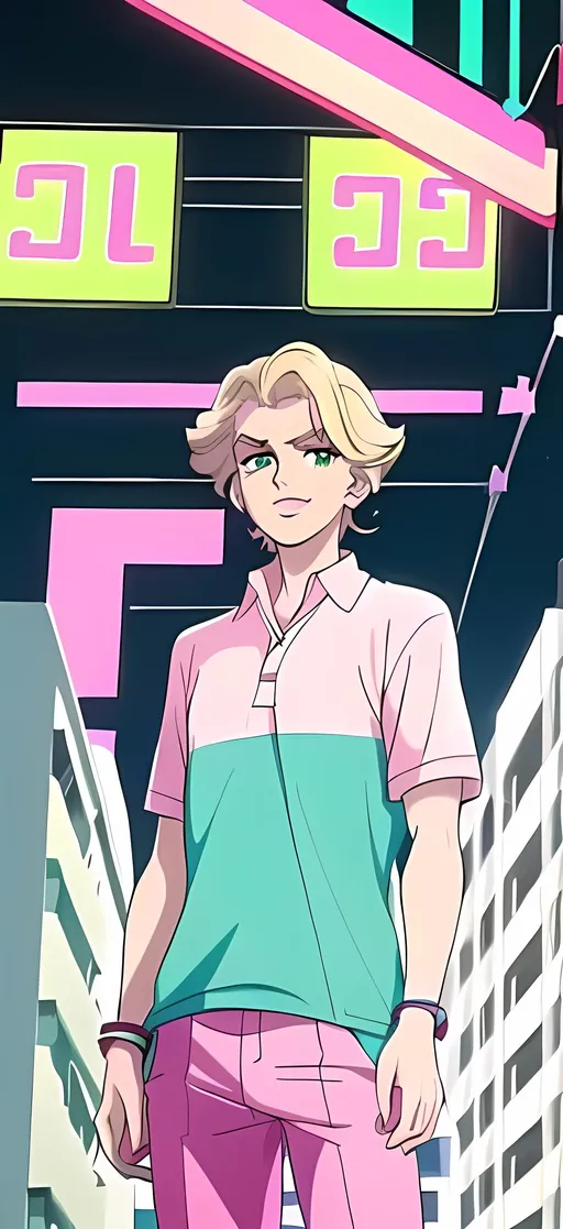 Prompt: SFW, Same Composition, One Young Man in Picture, Bright, Colorful, Vivid, Miami Vice Inspired, Interesting 1980's Retro Synth Background, Sebastian Korda, 1984 Aesthetic, Miami Beach Background, Adorable, Full Lips, Detailed Face, Happy Looking Expression With Mouth Open, Bracelets, Regular Light Eyebrows, Green Eyes, Cute Smile With Teeth Showing, Trendy Blonde Hairstyle, 1980's Aesthetic, Retro Miami Beach During The Nightime, Pink Synth Movie Theater Parking Lot Background, Blonde Eyebrows, Wearing a Pastel Polo Shirt and Pastel Pink Pants, Caucasian, Czech Descent, Nostalgic Vaporwave Retrowave, Dark Blonde Eyebrows and Green Eye Color, Blonde Hair, Dark Eyebrows Only, Without Green Eyebrows, Synth Pink and Light Blue and Black Aesthetic City Skyline, Synth Dark Pink Miami City, Neon Pink And Blue Background, Same Hairstyle, Light Skin, Wavy Hair, Light Tan Skinned, Perfect Composition, Made By Squirt_rash_24.