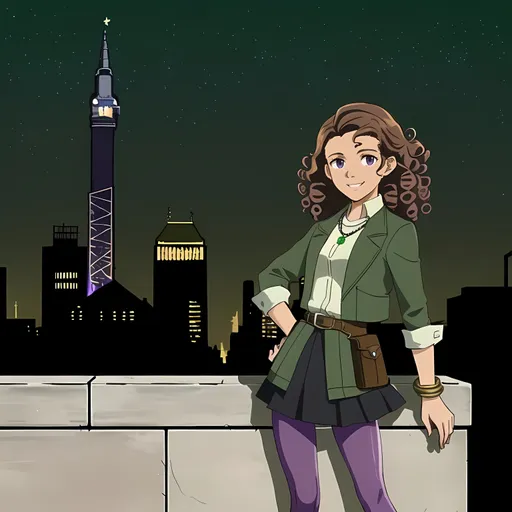 Prompt: SFW, (((SFW Image Only, American Animation Style))), Follows Prompt Exactly, (((Same Composition, Perfect Composition))), Wonderous, Cartoon, She Needs To Look Like The Reference, (((Solo Only, She Needs To Look Younger))), Lively, Sliver City, Stars Twinkling, Philadelphia City Hall, Philadelphia Inspired Skyline, Modern Looking, (((Silver and Midnight Green and Ivory Aesthetic))), Silver White Lights, 2D Style, (((Very Minimalistic))), Modern Looking, Dieselpunk, Same Background, (((Perfect Background Composition))), Cityscape, Safe, Calm, Nightime, Very Wholesome Looking, Lovely Looking Animation Style, (((Same Hairstyle, Perfect Hair Composition))), Joyful, Milder, Caramel Complexion, Mixed, Standing Up Straight, Lovely Looking, Perfect City Composition, (((Philadelphia Inspired City Background))), Bronze Colored Curls, Lavish, Portrait, (((Solo Only))), 1Woman, 1Adult, One Woman In Picture, (((Maiden Looking, She Should Look a Lot Like Jillian Shae Spaeder, Mixed, Caramel Complexion, Medium Hairstyle, Cuter Face, (((Very Curly Bronze Hairstyle Only, Very Feminine Looking))), Youthful, Brown Eyes Only, Full Lips, Pink Lips, Detailed Face))), Edwardian, Gaiter, Ladylike, More Manager and Mechanic Looking, (((Grown Slighter Frame Only))), Relaxed,  (((Smile))), Friendlier Looking, Young Aesthetic Only, Alternative Aesthetic, Lusher Face, Twenty Two, 22 Year Old, (((Medium Frizzy Hairstyle, Lithe, Purple Leggings))), She Should Have Four Fingers and a Thumb, More Metallic Looking, Gilded* Age Period Inspired, Industrialists, Dieselpunk Philadelphia Inspired, Midnight Green and Gray Eagles Aesthetic, Steel and Dark Green Aesthetic, Some Iron On Outfit, Green Iron Fantasy Color Blocking Windbreaker Jacket, Black Skirt, Iron Belt and Buckle, Undershirt, Medium Waist, Business Casual, Gaiter, Necklace, Brick Wall, Minimal Aesthetic, Lights, (((Iron Bracelets))), Caramel Complexion, Hapu Trainer Inspired, John Atkinson Grimshaw Oil Painting Aesthetic