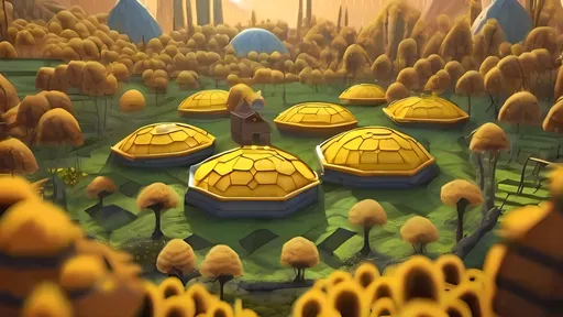 Prompt: New Hive City Inspired, Realistic, Village Skyline, Labyrinth Forest Beehive Village Background, The Bee Movie Inspired Skyline Background, Bright Tree Village Ewok City Inspired, Sunflowers, Forestpunk, Honeycomb Hexagon Interior, Indoors, Dome