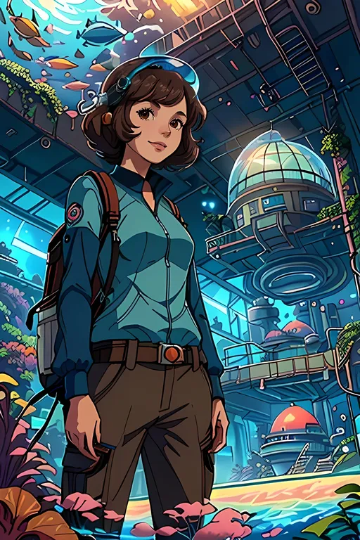 Prompt: SFW, (((Safe For Work Image Only, Vault, Seafloor Only))), (((Futuristic, Sketch Aesthetic, It Needs To Look Like a Sketch, Minimalistic, Warm Aesthetic Hues, Wholesome Aesthetic, Futuristic Buildings))), Very Wholesome Looking, (((2D Style, Cel Shaded))), Modern Animation Style, Minimalistic, Same Outfit, Apparatus On Head, Same Style, Same Composition, Perfect Composition, Same Background, Perfect Background Composition, Oceanpunk Seapunk, Dieselpunk Inspired, Retro Futuristic, Dieselpunk Apparatus, Boilers, Furnaces, Pistons, Wonderous, Exciting, (((Solo Only))), Portrait, One Fully Clothed Woman In Picture, (((She Needs To Look Older, Inside a Domed Facility Only))), Grown, Strong, Grown Woman Looking, Same Skin Tone, Friendlier Looking, Twenty, 20 Year Old, Brooklyn Moors Inspired, Lighter Skin Profile, Mixed, Athlete, Worker, Standing Up Straight, SFW Facial Composition Only, (((Dark Brown Black Medium Hairstyle Only, Dark Brown Eyes Only, Calm, Mellow, Interesting, Cute, Wholesome Smile, Looking At Viewer, Regular Frame, Needs To Look Like The Output Image, Pink Lips))), Perfect Hair Composition, Perfect Ear Composition Only, (((American Animation Style))), Regular Pose, Very Feminine Looking, Colorful Aesthetic, Retro Futuristic Marine Life Observatory Background,  (((Futuristic Aesthetic, Red and Brown Observatory Building, Interesting Fantasy Aquarium Background, Indoors, Dome, Conservation Facility))), Finding Dory's Marine Life Institute Inspired Background, (((Morro Bay California Inspired Background))), Marina, Technical Aesthetic With Some Greenery, Red Flowers, (((She Should Be Wearing Sport Utility Clothing, Floatation Device, Technical Aesthetic, Looser Baggier Clothing Only, Slighter Frame, Long Sleeve Shirt Only, Strap Bag On Shoulders, Cargo Pants))), Stockier, Medium Waist, High Waist, Pretty, Straps On Clothing, She Should Look a Lot Like Brooklyn Moors, Canadian, Lively,  Grateful Looking, Soulful, Lovely Looking,  2D Animation Only, John Atkinson Grimshaw Inspired Oil Painting Aesthetic