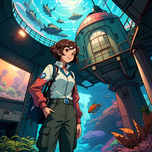 Prompt: SFW, (((Safe For Work Image Only, Appropriate, Underwater Seafloor Only))), (((Futuristic, Sketch Aesthetic, It Needs To Look Like a Sketch, Minimalistic, Warm Aesthetic Hues, Futuristic Buildings))), Very Wholesome Looking, 2D Style, Modern Animation Style, Minimalistic, (((Cel Shaded))), Same Outfit, Apparatus On Head, Same Style, Same Composition, Perfect Composition, Same Background, Perfect Background Composition, Oceanpunk Seapunk, Dieselpunk Inspired, Retro Futuristic, Brown Building In Background, Dieselpunk Apparatus, Boilers, Furnaces, Pistons, Wonderous, Exciting, (((Solo Only))), Portrait, One Fully Clothed Woman In Picture, She Needs To Look Older, Inside a Domed Facility Only, Grown, Strong, Grown Woman Looking, Same Skin Tone, Friendlier Looking, Twenty, 20 Year Old, Brooklyn Moors Inspired, Lighter Skin Profile, Mixed, Athlete, Worker, Standing Up Straight, SFW Facial Composition Only, (((Dark Brown Black Medium Hairstyle Only, Dark Brown Eyes Only, Calm, Mellow, Interesting, Cute, Wholesome Smile, Looking At Viewer, Needs To Look Like The Output Image, Pink Lips))), Perfect Hair Composition, Forehead Should Be Visible, (((American Animation Style))), Regular Pose, Very Feminine Looking, Colorful Aesthetic, Retro Futuristic Marine Life Observatory Background,  (((Futuristic Aesthetic, Red and Brown Observatory Building, Interesting Fantasy Aquarium Background, Indoors Only With Dome, Conservation Facility))), Finding Dory's Marine Life Institute Inspired Background, (((Morro Bay California Inspired Background))), Marina, Technical Aesthetic With Some Greenery, Red Flowers, (((She Should Be Wearing Sport Utility Clothing, Floatation Device, Technical Aesthetic, Looser Baggier Clothing Only, Long Sleeve Shirt Only, Strap Bag On Shoulders, Cargo Pants))), Stockier, Medium Waist, High Waist, Pretty, Straps On Clothing, She Should Look a Lot Like Brooklyn Moors, Canadian, Lively,  Grateful Looking, Soulful, Lovely Looking,  2D Animation Only, John Atkinson Grimshaw Inspired Oil Painting Aesthetic