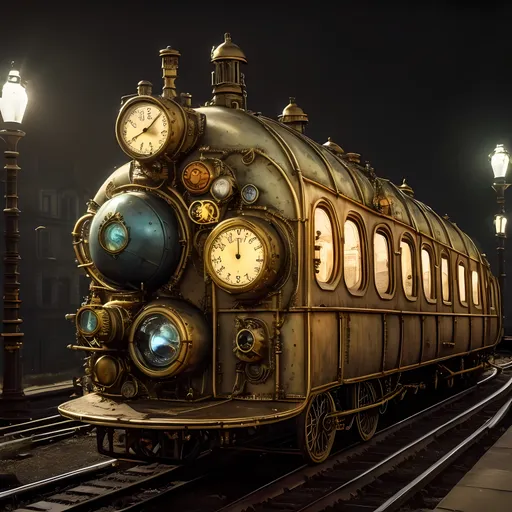 Prompt: Nobody In Background, Steampunk, Snow City, Large Steampunk Trees, Victorian, 3D Style, Realistic, Steampunk Tank Engine, Perfect Composition, Nightime, Snowy, Yellow and Brown Aesthetic, Same Composition, More Fantasy Looking, Same Body, Futuristic And Classic Steampunk, Albert Robida's Le Vingtième Siècle: La Vie Électrique (The Electric Life) Inspired, More Bubbly Looking, Cartoon Looking, One Brass Colored Train Only, Jules Verne Inspired Train, Steampunk Ore Train Inspired, Steam Powered Chimmneys, Headlights On Front Of Train, Carriage, Luminous Looking Gems In Carriage

