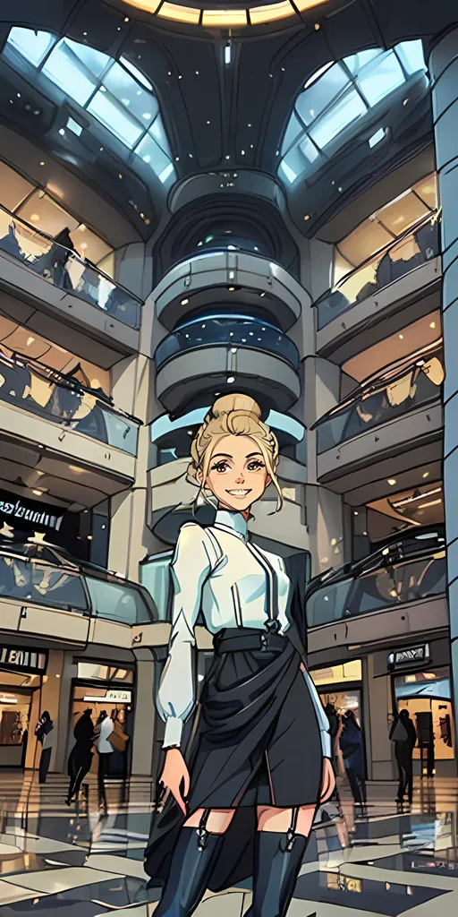 Prompt: SFW, (((Safe For Work Image Only, SFW Clothing, SFW Aesthetic))), Regular Image, G Rated, Rated E, A Safe Image, Safe, Medium Shot Picture, Appropriate, Safe For Work Style, Very Wholesome Looking Only, Nostalgic, Unique, Minimalistic, (((2D Style, More Cartoon Looking, Cel Shaded))), Dieselpunk, Retro Futuristic, Futuristic, (((22nd Century, Nostalgic Aesthetic))), Joyful, Milder Looking, Düsseldorf Germany Inspired, Portrait, 1Woman, One Fully Clothed Woman In Picture, In Her Twenties, Older Maiden Looking, Worker, Grown, Strong, (((Wholesome Smile Only, Jessy Hartel Inspired, Hairbun Hairstyle Only, German, Blonde Light Brown Hairbun Only, Smiling, Teeth Not Showing In Smile, Caucasian, Hair Should Be In a Hairbun Only))), Kö-Bogen Düsseldorf Inspired Background, Fantasy Building, Germany Inspired Skyline, Windows, Modern Animation Style Only, Wholesome Style, Tougher Looking, Happy Face, Panels, Boilers, Furnaces, Pistons, Happier Looking, (((Twenty Six, 26 Year Old, Inside The Mall, Clean Looking Mall, Polished Floors))), It Should Look Like a Shopping Mall With An Ivory and Slate Aesthetic, An Interesting Mall, Potlights, Ivory and Dark Blue Aesthetic, Unique Mall, (((Grateful Looking, Soulful, Artistic Animation Style, Slighter Frame Only, Medium Waist, High Waist))), Casual Clothing, Long Sleeved Shirt and Longer Dress, Maxi Skirt, Looser Baggier Clothes, Apparatus On Clothing, Some Armor On Clothing, Dress With Stockings, Futuristic Footwear, (((22nd Century Aesthetic))), 2D Animation Only, Lithe, White Woman, Ace Trainer Inspired, John Atkinson Grimshaw Oil Painting Aesthetic 

