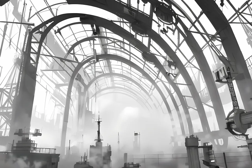 Prompt: Dieselpunk, White and Gray Aesthetic, White Foggy Ominous Ambiguous Aesthetic, Deep Fog, Fog All Over the Picture, Huge Black Structure on top of a Dieselpunk Factory 