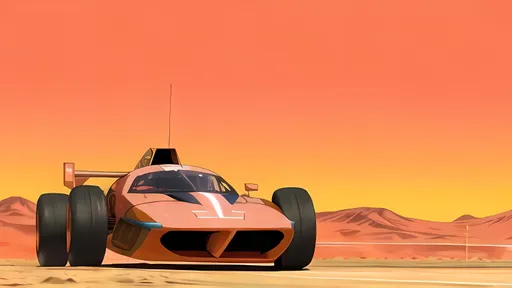 Prompt: Mach 6 Speed Racer But Offroad, Nobody in Background, Lentimas Town Inspired, Speed Desert Racer, Burnt Orange and Salmon Pink Aesthetic Mach 6 Speed Racer Car, Speed Racer Aesthetic, Made By Squirt_rash_24. 