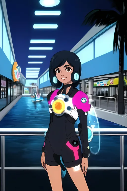 Prompt: ((SFW Image Only))), (((Safe For Work))), Minimalistic, Oceanpunk Seapunk, Despicable Me's Paradise Mall Inspired Background, Retro Futuristic, Modern Animation Style Only, Interesting Animation Style, Same Composition, Perfect Composition, Good Body Composition, Perfect Background Composition, Interesting Background, 1Adult, Solo, 1Woman, Safe, Milder Looking,  Colorful and Lavish, Happy Looking Expression, Looking At Viewer, (((Chelsea Clark Inspired, Phillipines Descent, Black Colored Medium Hairstyle, Tan Skin Profile, Brown Eyes, Full Lips, Wearing a Light Blue and Double Blue Collared Exosuit Inside Of The Mall))), 26 Year Old, Vibrant Neon Lush and Colorful Seaworld Marine Life Observatory, Atlantis Inspired, Azure Aesthetic, Very Wholesome and Joyful, Atlantis Inspired Background, Retroville Inspired, Blocks, Squares and Many Shapes, Theme Park,  Retro Futuristic, Bubbly, Heartwarming Wholesome Playful Nautical Water Park Theme Park, Seaworld inspired, Heartwarming, Wonderous, Marvelous, Retro Futuristic, Amusing, Colorful, Perfect Composition, Safe For Work, Made By Squirt_rash_24.