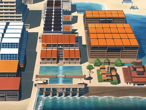 Prompt: Sunyshore City Sinnoh Inspired, Solar Powered Retro Futuristic Beach Coastal City, Burnt Orange and Brown Tones, Solar Panels Everywhere, Seaport, Toyland, Market Village Background, Made By Squirt_rash_24.