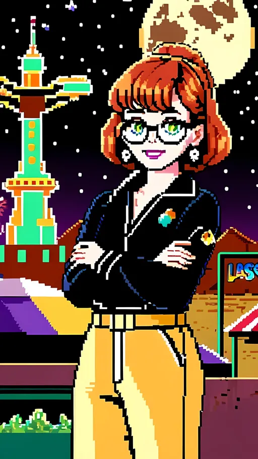 Prompt: SFW, Very Cute, Intricate, Mauve Aesthetic, 1970's Inspired, Nightime, Full Moon, Retrowave Desert, Perfect Composition, One Young Woman in Picture, Samurai, 1970's Glasses, Emma Stone, Full Lips, Detailed Face, Desert Woman, Samurai Aesthetic, Desert Samurai, Grown Body, Samurai Inspired Desert Outfit, Chest Should Be Covered, Smiling, Exciting, Nostalgic, Brightened Picture, Perfect Composition Hands, Unique Pixelart Illustration, Pixelart Style, Pixelated, Vibrant, Lively, Colorful, 8 Bit, Synth, Retrowave, Nintendo Graphics, Desertpunk, Downtown Desert Skyline Funland Background, Soot and Snowing With Brown Sand Balls, Consistent Look, Hands Should Be Lowered, Same Composition, Perfect Composition, Medium Wavy Hairstyle Only, Cute Animation Style, Sleek, Lovely Looking Animation Style, Desertpunk Clothing, Maximalistic, Sandy Mountains, Perfect Eye Composition, Redhead, Freckles, Caucasian, Veil, Cute Samurai Inspired Woman, Cute Face, Sand Dunes, Sandstorm, Las Vegas and Arizona Inspired,  Sleek, Pewter Red and Yellow Samurai Outfit, SFW Body, Desert Aesthetic On Outfit, Desert Punk Show Inspired, Athletic Body, Natural Redhead, Samurai Cloak, Small Chest, Some Armor On Outfit, Gaiter, Cute Eyes, Casino Funland Hotel, Retro Synth Parking Lot Background, Casino, Movie Aesthetics, Sandy Mountains, Bigger Body, Larger Bones, Stockier Body, Redhead, Rust Orange Medium Hairstyle, Green Eyes, Happy Looking, Pink Lipstick, Brown Eyebrows, Grown Woman, Medium Hairstyle Only, Heartwarming, Lusher Face, Bigger Boned, Stockier Torso, Very Lovely Looking, Mature Face, Beautiful, Grown Woman Looking, White Woman, Interesting Background, Cute Aesthetic, Adorable, Cuter Face, Triangular Earings, Bracelets, Regular Light Eyebrows, Cute Smile, Pretty, Wearing Desert Inspired Samurai Gear, Long Samurai Pants, Lovely Looking Eyes, Bigger Eyes, Bigger Athletic Legs