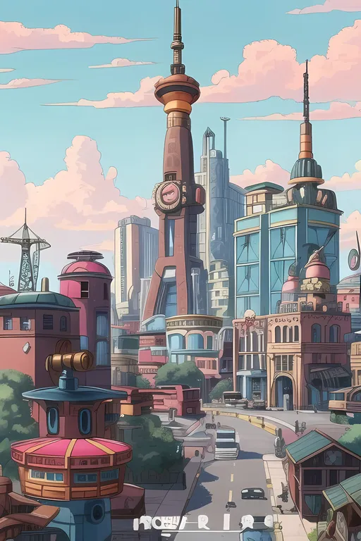 Prompt: (SFW), Cyberpunk Inspired, Steampunk Inspired, Atompunk Inspired, 2D Style, Very Wholesome Looking, Groovier Looking, Cartoon Style Buildings, Hey Arnold's Hillwood City Inspired Background, Dieselpunk Factory, Ironworks, Futuristic Fantasy, Dieselpunk Carnival Skyline, Toyland Inspired, Mid 20th Century Looking, Smaller Skyscrapers, Colorful Shops, Roads, Edwardian Buildings Turned Dieselpunk, Nickelodeon Show Inspired Lit Up Tower, Hey Arnold Animation Style, Hillwood Style City Background, Nobody in Background, Same Aesthetic, Charming, Cute Pink Aesthetic, Daytime, Retro Futuristic, Jetsons Orbit City Inspired Background, Block Style Buildings, Buildings Should Look Like Blocks Only, Blue, Pink, Red, and Yellow Aesthetic, Block Aesthetic, Blockier Looking, Colorful, 2D Style