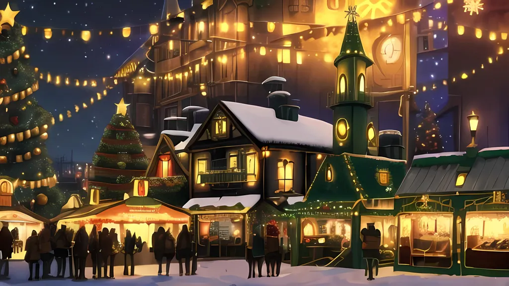 Prompt: Steampunk, Christmas market, Steampunk Ireland City, No Words on image, Fantasy City, Gray Orange and Brown Steampunk Houses, Flags on Steampunk Christmas houses with chimneys, Christmas night time, Colorful Christmas Trees, colorful, Steampunk Victorian Candlestick, Clocks