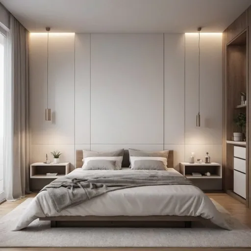 Prompt: Dame una imagen realista de una habitaci�n moderna pero que la cama est� al rev�s, es decir la cabecera est� orientada hacia la puerta