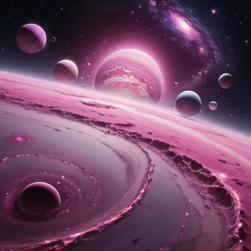 Prompt: I want a light pink galaxy, with varying shades of darker pink rifting off in waves like the ocean on the edges of the picture. Each planet that is pictured in the galaxy should look like a different form of jewel such as pearl, diamond, or pink rock. I want there to be purple undertones surrounding each planet. 