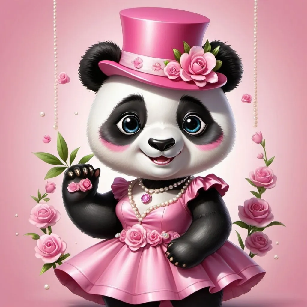 Prompt: Make a cartoon panda that has luxury items on her like a beautiful top hat with pink flowers on it, pearl necklace, pretty pink dress. The panda should be smiling and waving. 