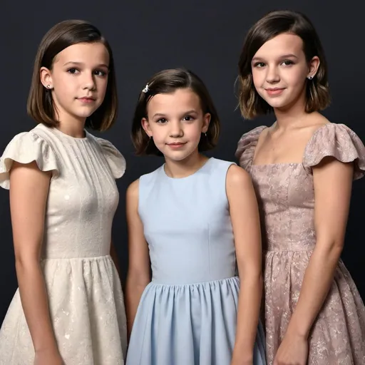 Prompt: 3 BEAUTIFUL GIRLS WEARING A SMALL DRESS  ,MILLIE BOBBY BROWN ,REALISTIC
