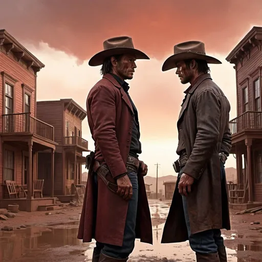 Prompt: 2 COWBOYS PROFILES,SHOWDOWN, LOOKIN AT EACH OTHER,STANDING,DAWN BACKGROUND ,OLD TOWN HOUSES,WETERN ARCHITECTURE,PAINTING STYLE,WESTWORLD,REDISH SKY,RAIN,DEAD PEOPLE ON THE GROUND,RAGE,PISTOLS