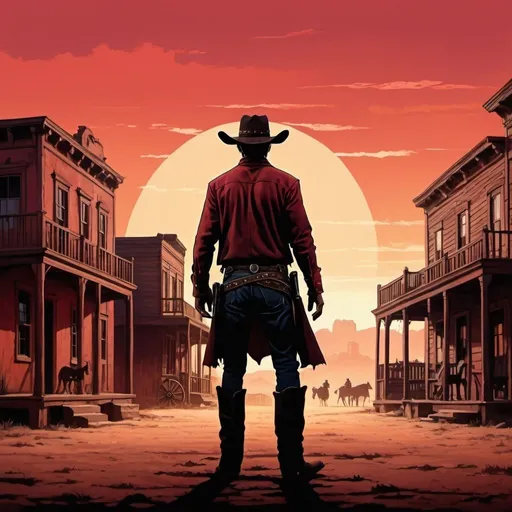 Prompt: A COWBOY SILOHUETTE STANDING,DAWN BACKGROUND ,OLD TOWN HOUSES,WETERN ARCHITECTURE,PAINTING STYLE,WESTWORLD,REDISH SKY