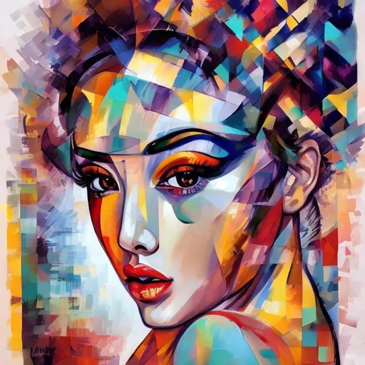 Prompt: an spanish woman exotic dancer drawing,cubist style,beautiful eyes,colorful,paintbrush.small eyes  face,athletic body,jimmy liao,realistic