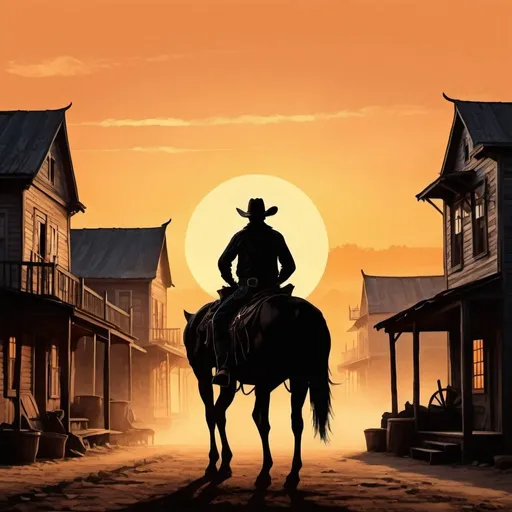 Prompt: A COWBOY SILOHUETTE,DAWN BACKGROUND ,OLD TOWN HOUSES,WETERN ARCHITECTURE,PAINTING STYLE