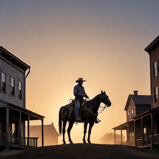 Prompt: A COWBOY SILOHUETTE,DAWN BACKGROUND ,OLD TOWN HOUSES,WETERN ARCHITECTURE