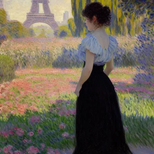 Prompt: Monet picture style,delicate Strokes,oil painting,canvas,curly black hair girl,looking at a rivera in París,dress with beautiful flowers,daylight, Eiffel tower.