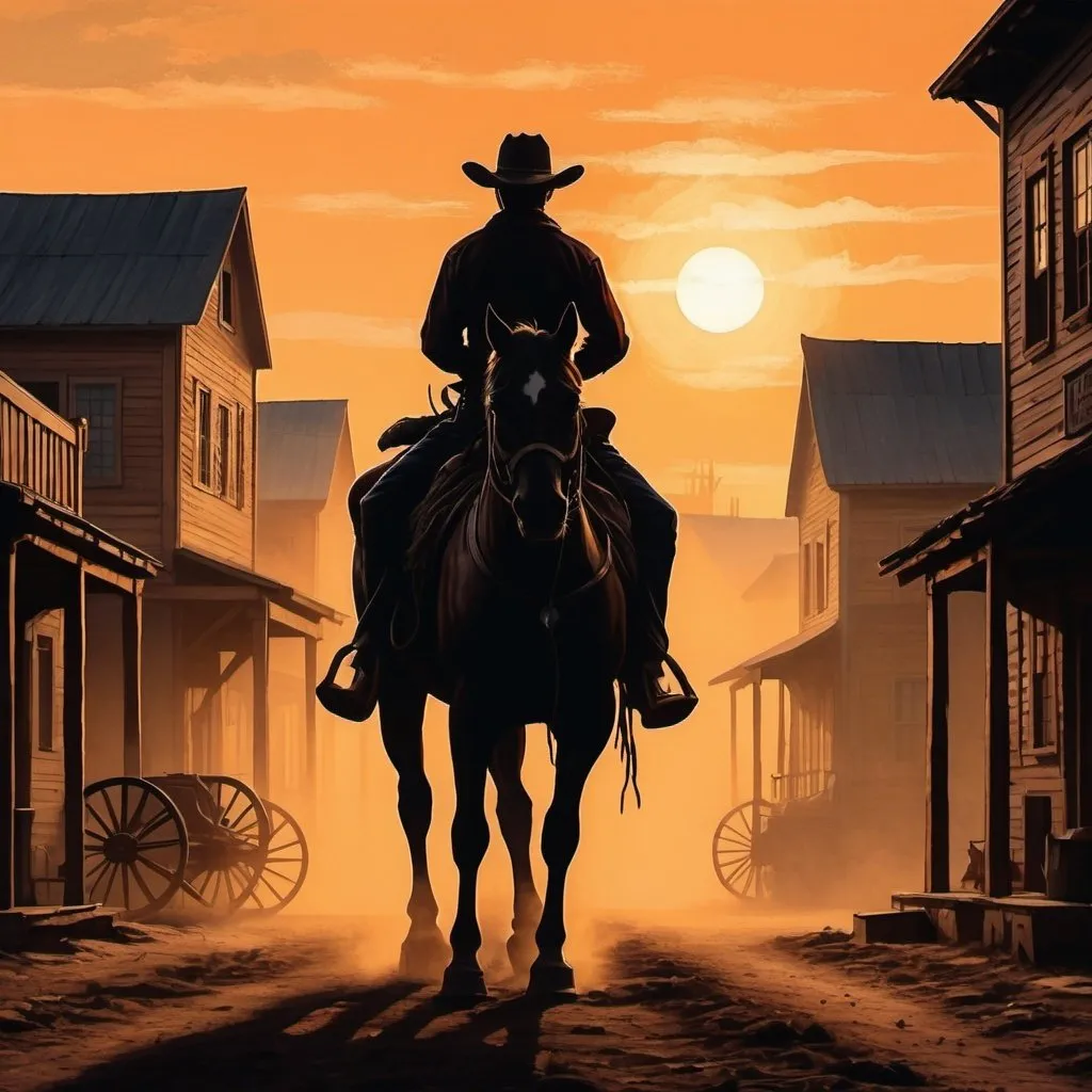 Prompt: A COWBOY SILOHUETTE,DAWN BACKGROUND ,OLD TOWN HOUSES,WETERN ARCHITECTURE,PAINTING STYLE