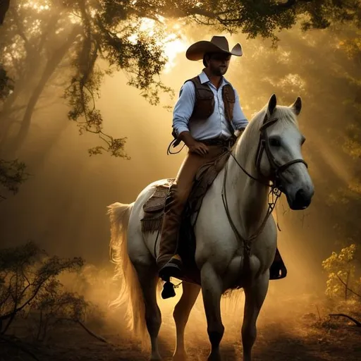 Prompt: A COWBOY RIDING A HORSE,IN THE FOREST ,WHITE SHIRT,VEST,HAT, BROWN HORSE,DAWN ON THE BACKGROUND
