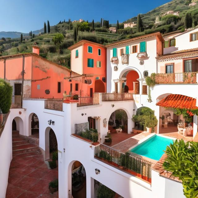 Prompt: NAPOLITAN VILLA,WHITE WALLS,SHOPS NEXT TO A FOUNTAIN,RED ROOFS,TILES,SEA ON THE BACKGROUND,ITALIAN ATMOSPHERE,TREES SORROUNDING,PANORAMIC VIEW,STAIRS,BALCONIES,MOUNTAINS ON THE BACK.
