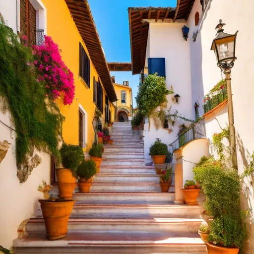 Prompt: NAPOLITAN VILLA,WHITE WALLS,SHOPS NEXT TO A FOUNTAIN,RED ROOFS,TILES,SEA ON THE BACKGROUND,ITALIAN ATMOSPHERE,TREES SORROUNDING,PANORAMIC VIEW,STAIRS,BALCONIES,MOUNTAINS ON THE BACK.

