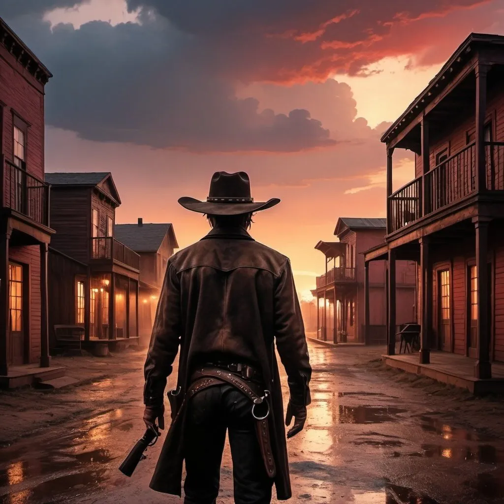 Prompt: A COWBOY SILOHUETTE LOOKIN AT YOU,STANDING,DAWN BACKGROUND ,OLD TOWN HOUSES,WETERN ARCHITECTURE,PAINTING STYLE,WESTWORLD,REDISH SKY,RAIN