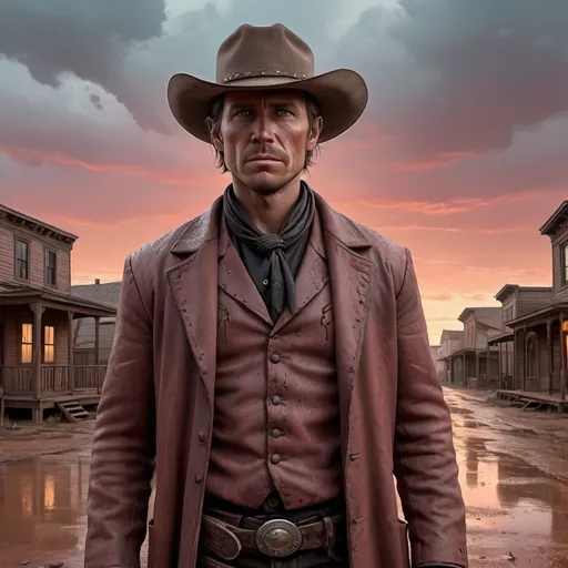 Prompt: A COWBOY FACE LOOKIN AT YOU,STANDING,DAWN BACKGROUND ,OLD TOWN HOUSES,WETERN ARCHITECTURE,PAINTING STYLE,WESTWORLD,REDISH SKY,RAIN,DEAD PEOPLE ON THE GROUND