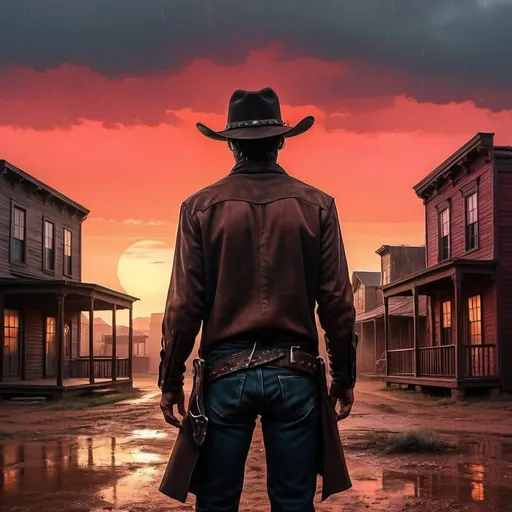 Prompt: A COWBOY SILOHUETTE LOOKIN AT YOU,STANDING,DAWN BACKGROUND ,OLD TOWN HOUSES,WETERN ARCHITECTURE,PAINTING STYLE,WESTWORLD,REDISH SKY,RAIN