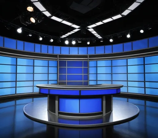 Prompt: Create an image of an empty news studio to use as a background. There should be no people in the image.
