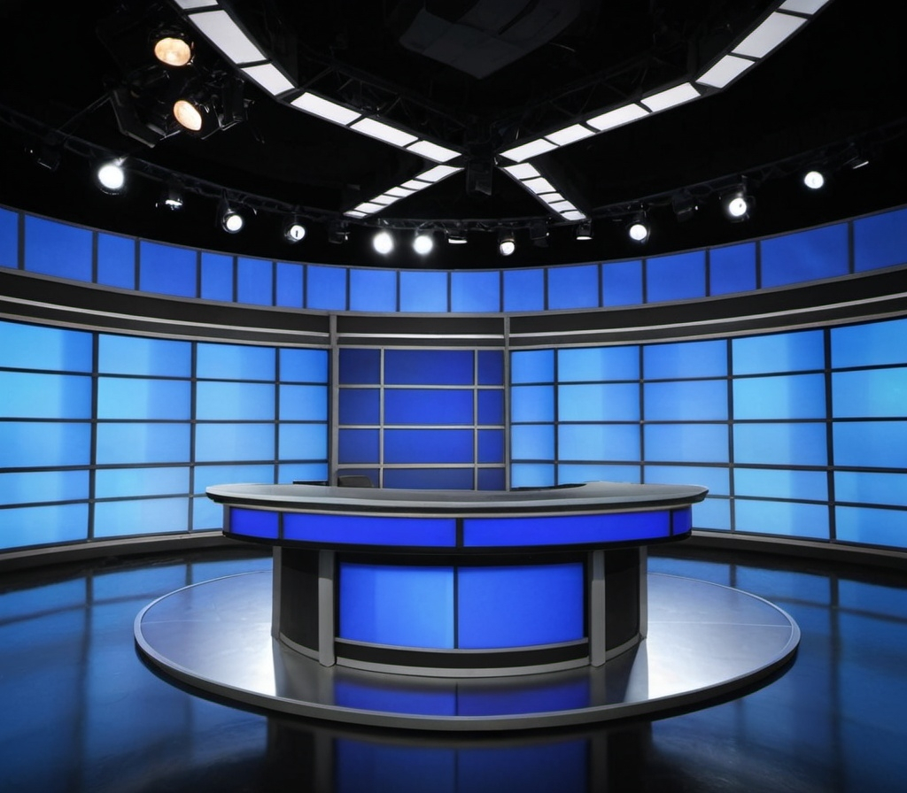 Prompt: Create an image of an empty news studio to use as a background. There should be no people in the image.
